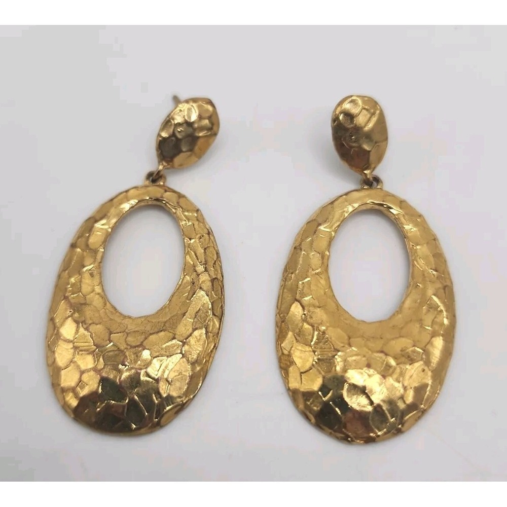 Vintage Bellezza Italy Hammered Gold Tone Dangle Oval Designer Pierced Earrings